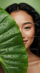 Young Woman with Dark Curly Hair and Large Green Leaf Close-Up
