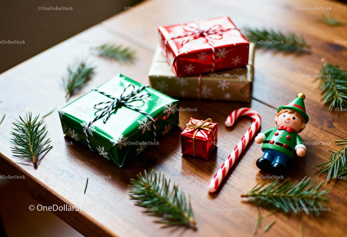 Festive Christmas gifts with candy cane and elf toy
