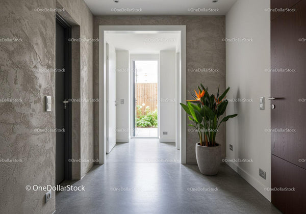 Modern minimalist hallway with potted plant and natural light