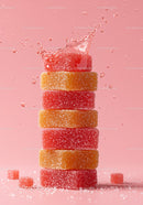 Stack of colorful sugar coated jelly candies with water splash