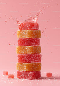 Stack of colorful sugar coated jelly candies with water splash