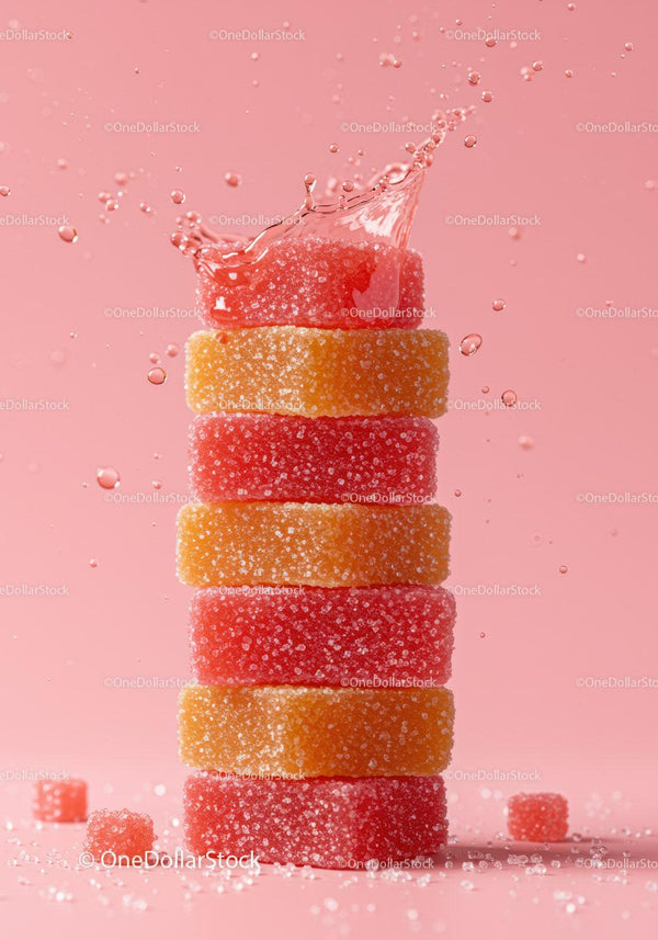 Stack of colorful sugar coated jelly candies with water splash