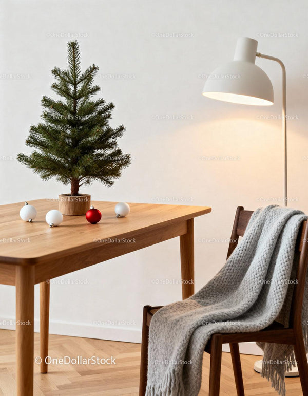 Cozy minimalist room with small Christmas tree and blanket