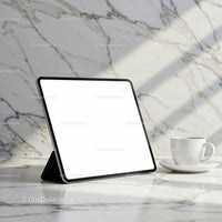 Modern tablet with blank screen on marble table with coffee