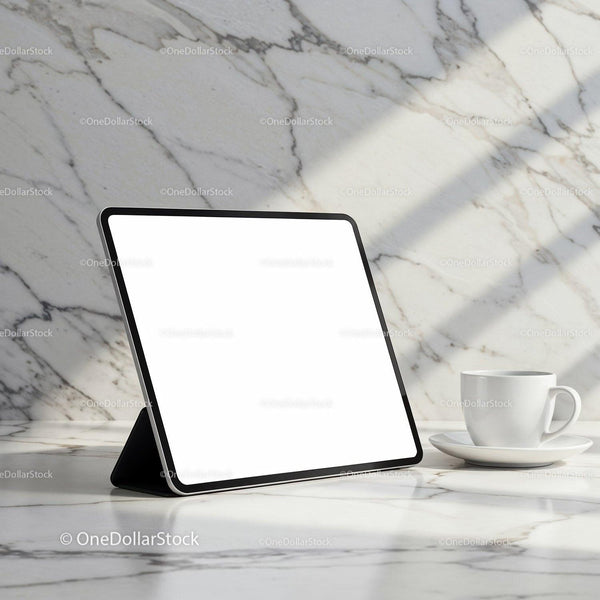 Modern tablet with blank screen on marble table with coffee JPG Mockup Image