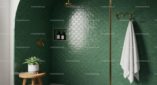 Minimalist green tiled bathroom with brass fixtures and plants