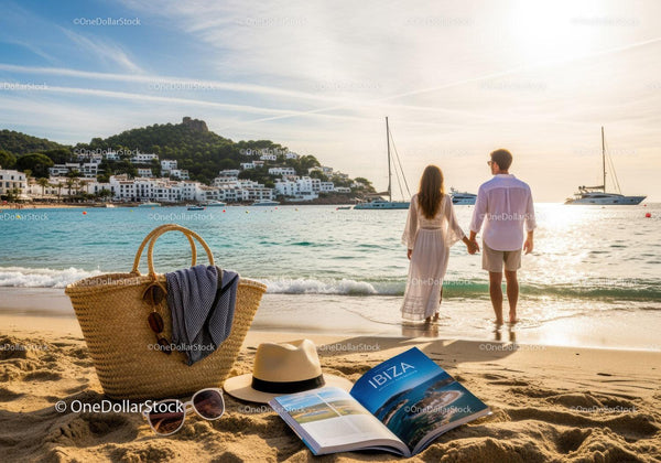Romantic Couple Holding Hands at Sunset on Ibiza Beach
