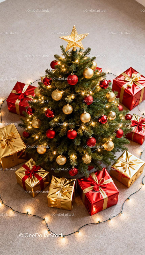 Decorated Christmas tree surrounded by red and gold gifts