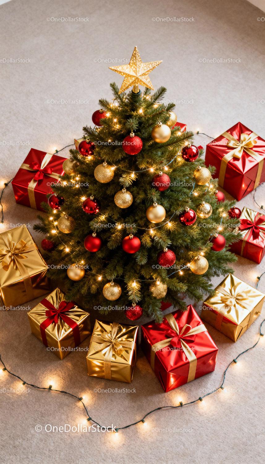 Decorated Christmas tree surrounded by red and gold gifts