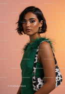 Fashionable Woman in Green Outfit with Feathers and Designer Bag
