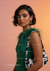 Fashionable Woman in Green Outfit with Feathers and Designer Bag