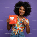 Vibrant Young Woman Celebrating with Social Media Icon Card