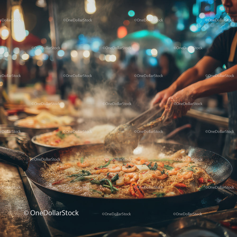 Vibrant Night Street Food Market with Wok Cooking at Night