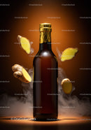 Amber bottle with floating ginger slices and steam