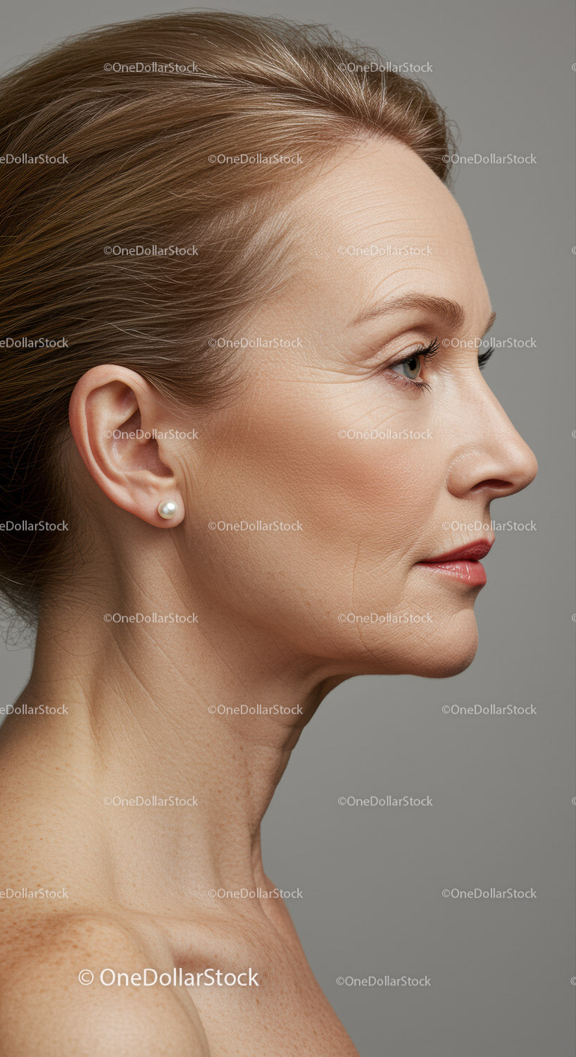 Elegant Mature Woman Profile with Pearl Earring and Smooth Skin