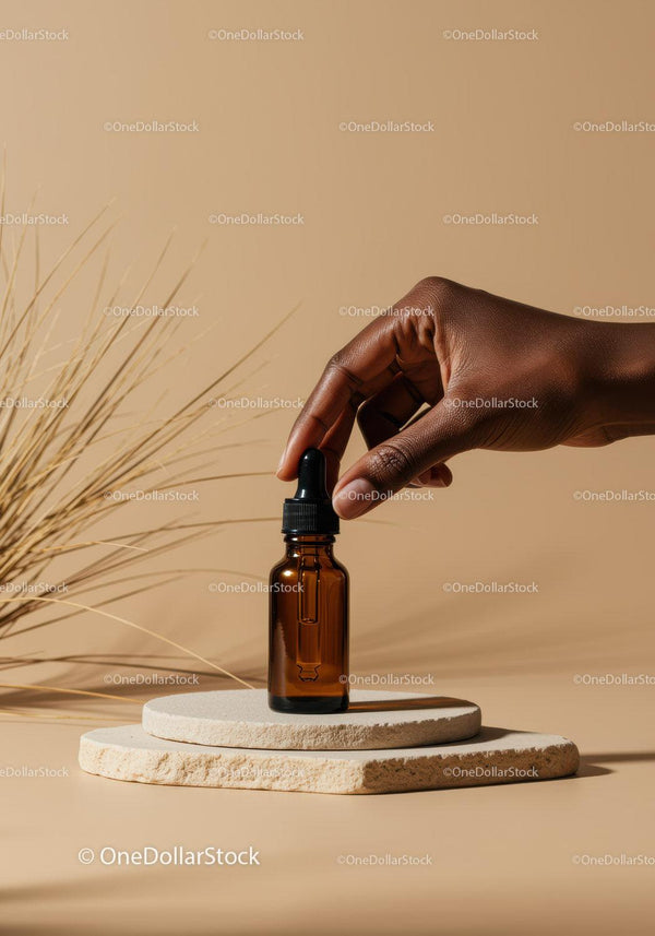 Brown Glass Dropper Bottle with Natural Serum on Minimalist Stand JPG Mockup Image