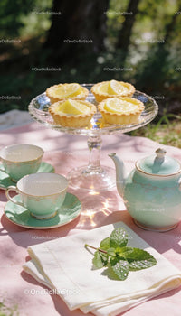 Lemon Tarts with Vintage Tea Set on Sunny Picnic
