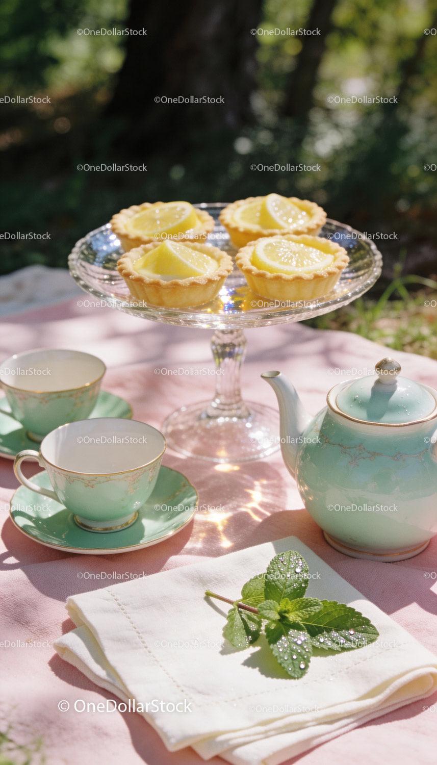 Lemon Tarts with Vintage Tea Set on Sunny Picnic