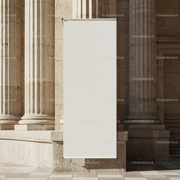 Blank vertical banner outside historic stone building JPG Mockup Image
