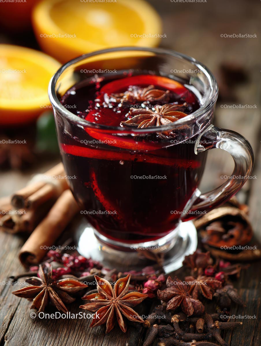 Delicious Mulled Wine with Citrus and Spices in a Glass Mug