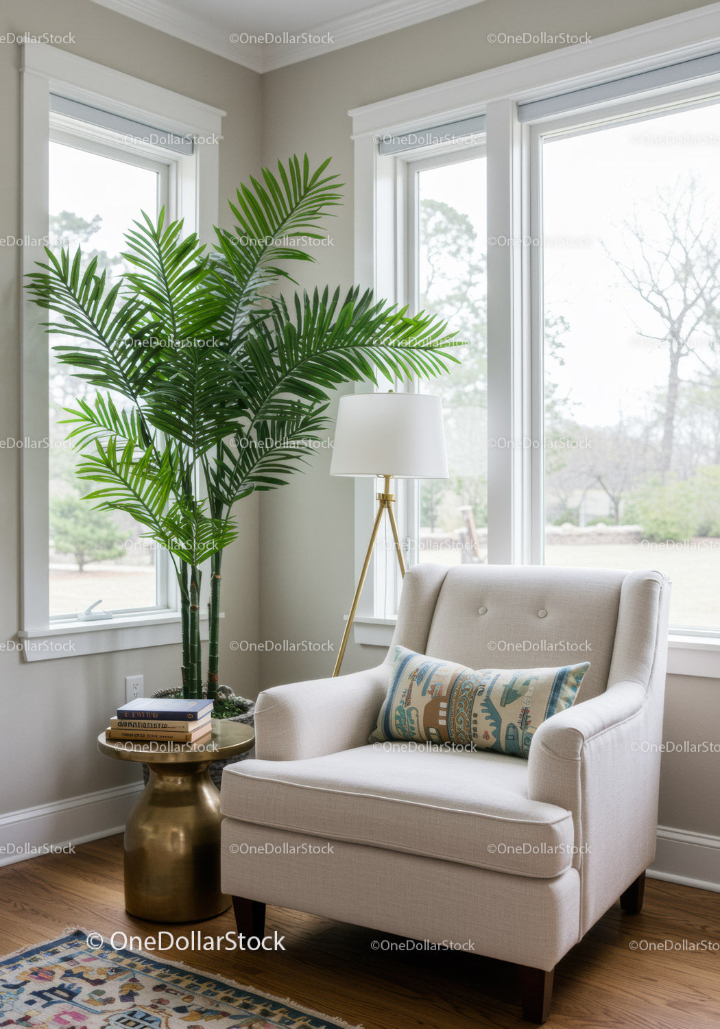 Bright Indoor Living Room with Large Windows and Elegant Armchair