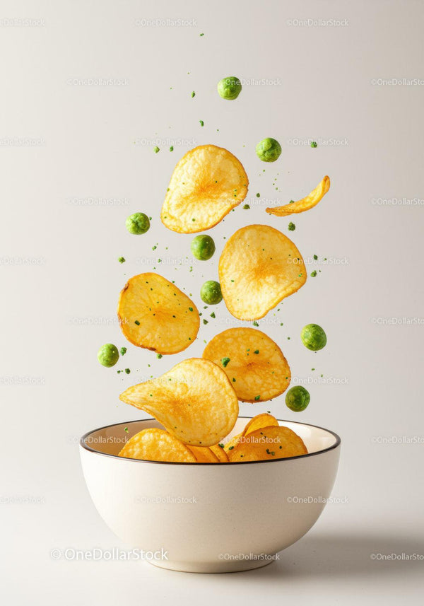 Crispy Potato Chips and Green Peas Floating in Bowl