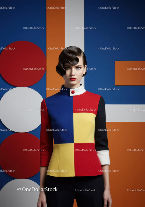 Woman in Bold Colorblock Jacket with Graphic Background