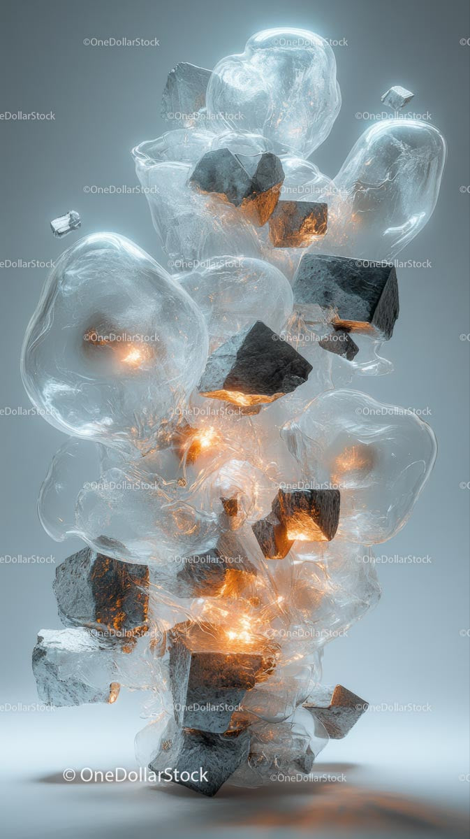 Abstract Glowing Ice Sculpture with Illuminated Rocks