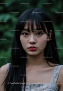 Young Woman with Black Hair and Red Lipstick in Nature