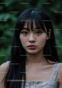 Young Woman with Black Hair and Red Lipstick in Nature