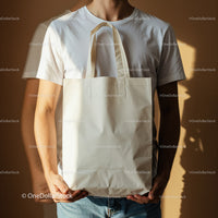 Man Holding Blank Canvas Tote Bag Against Brown Wall