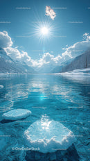 Majestic Snowy Mountains and Glacial Fjord under Bright Sun
