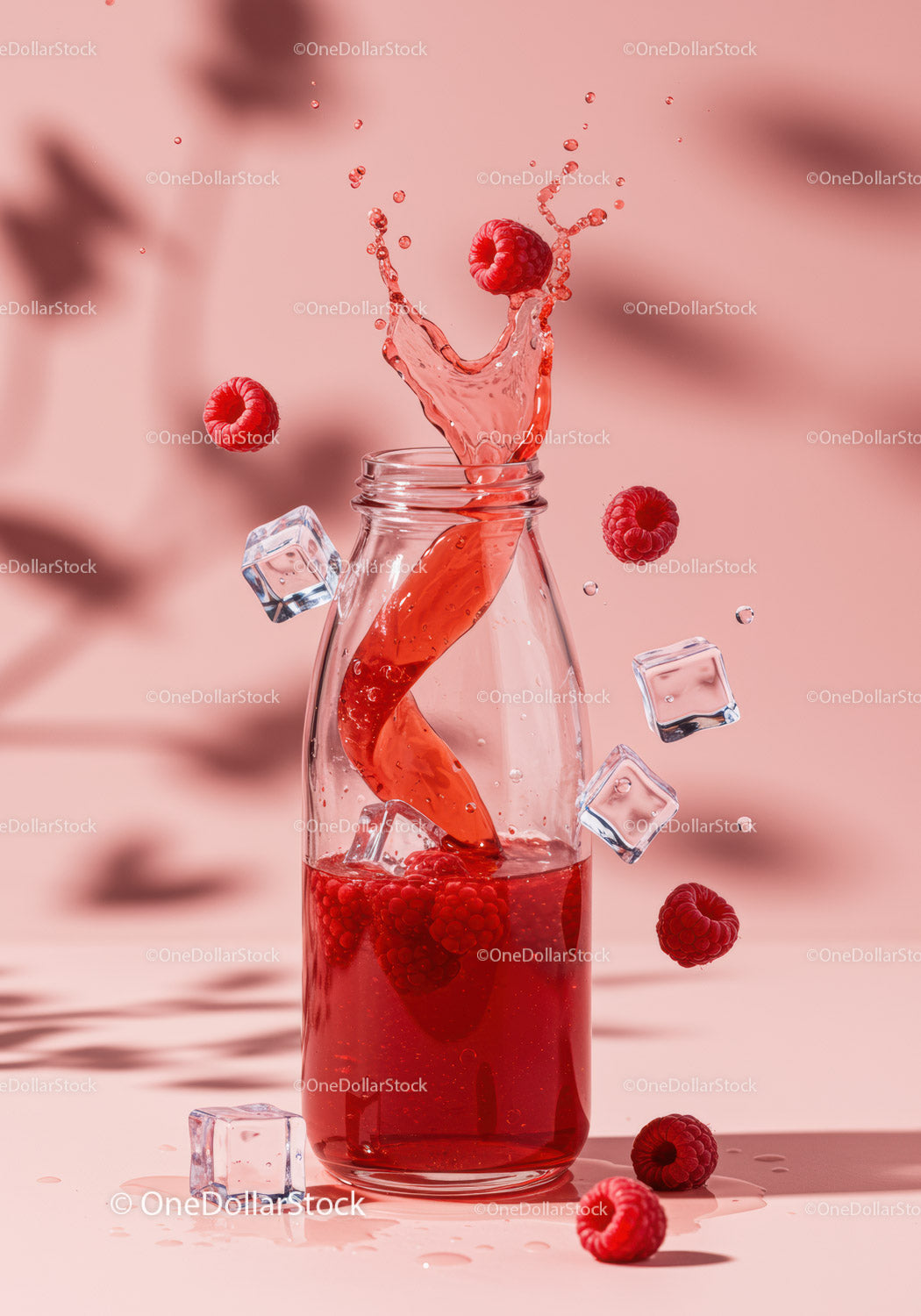 Refreshing raspberry drink splashing in glass bottle