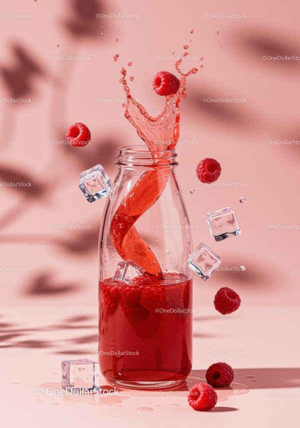 Refreshing raspberry drink splashing in glass bottle