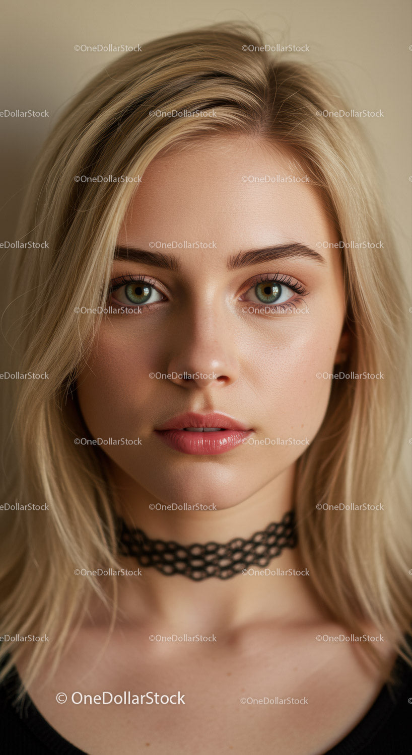 Zbliżenie na młodą kobietę o blond włosach i zielonych oczach. Portret