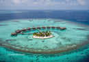 Overwater Bungalows in Turquoise Ocean with Palm Trees and Scenic View