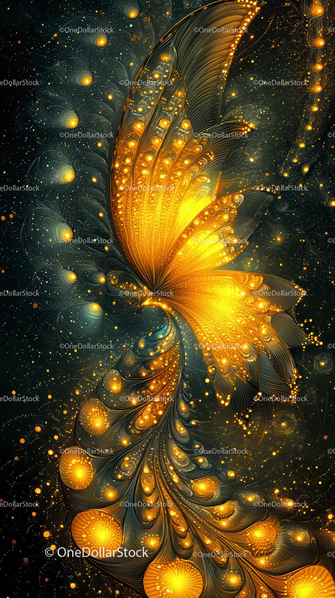 Elegant Golden Butterfly in Surreal Fractal Art