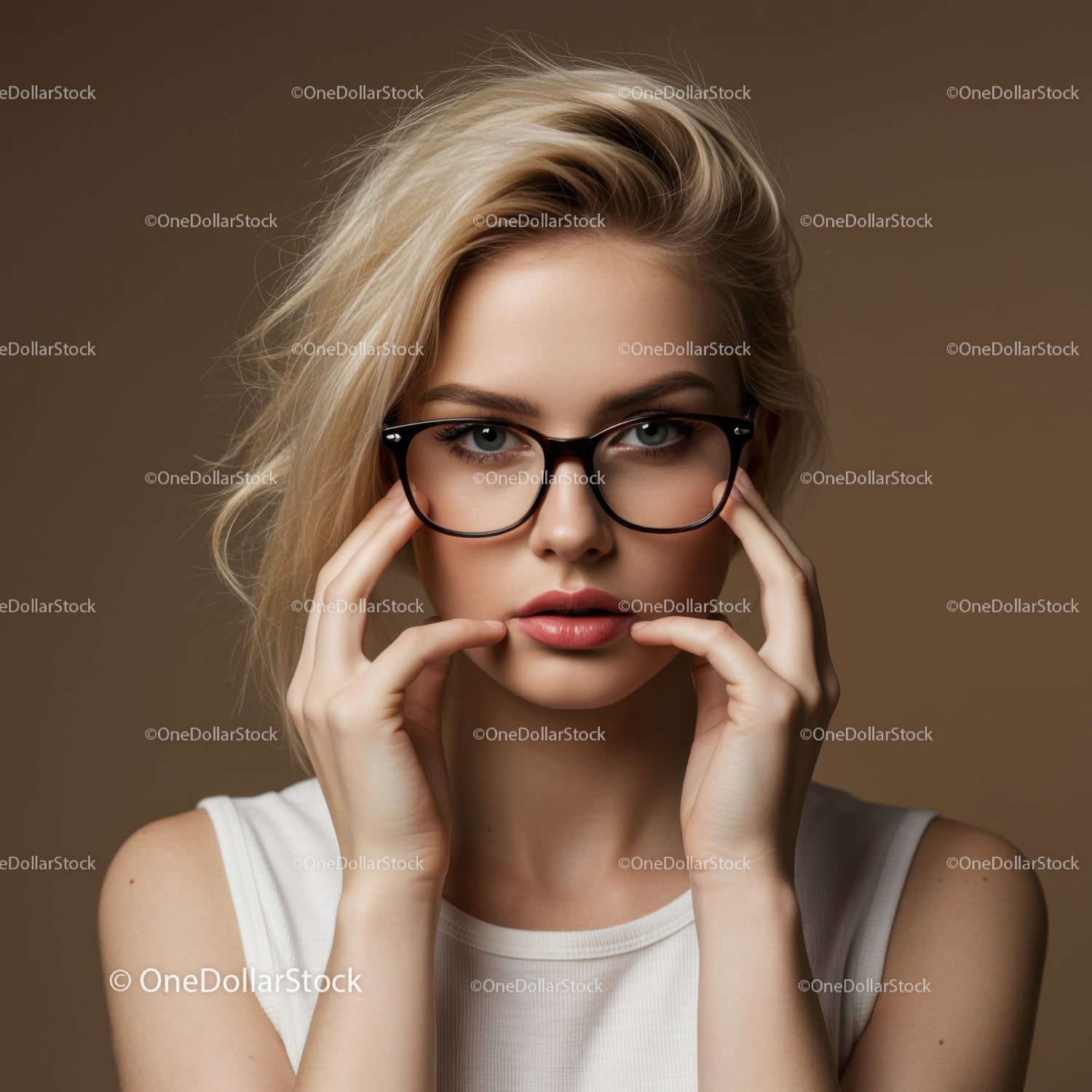 Stylish Woman with Blonde Hair and Black Glasses in Beauty Portrait