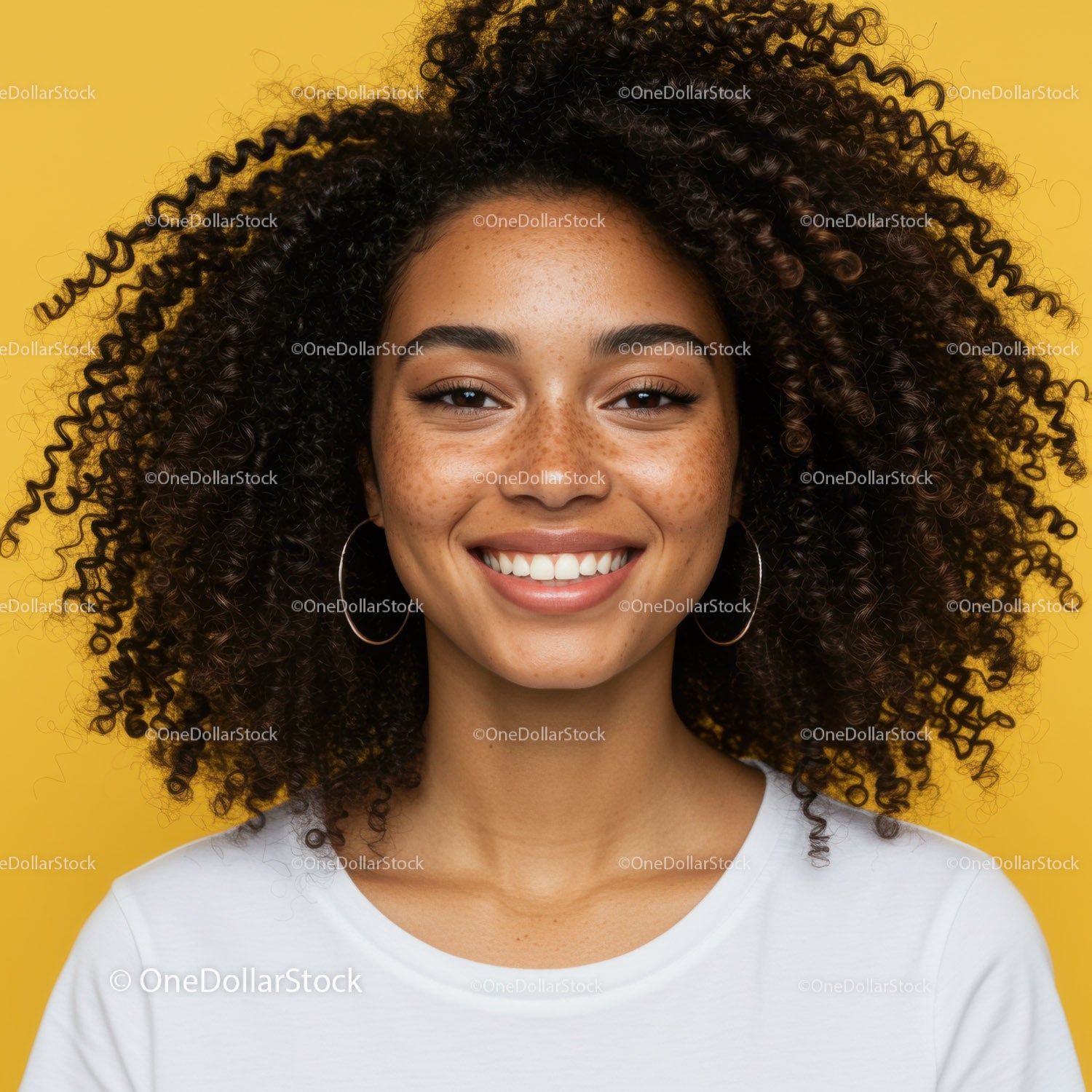 Vibrant Portrait of Smiling Woman with Curly Hair and Freckles