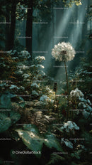 Sunlit Forest Scene with Dandelions and Green Foliage