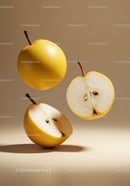 Fresh whole and sliced Asian pear on neutral background