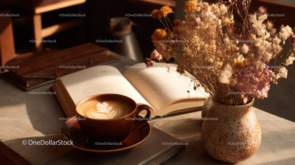 Cozy Coffee Moment with Dried Flowers and Book