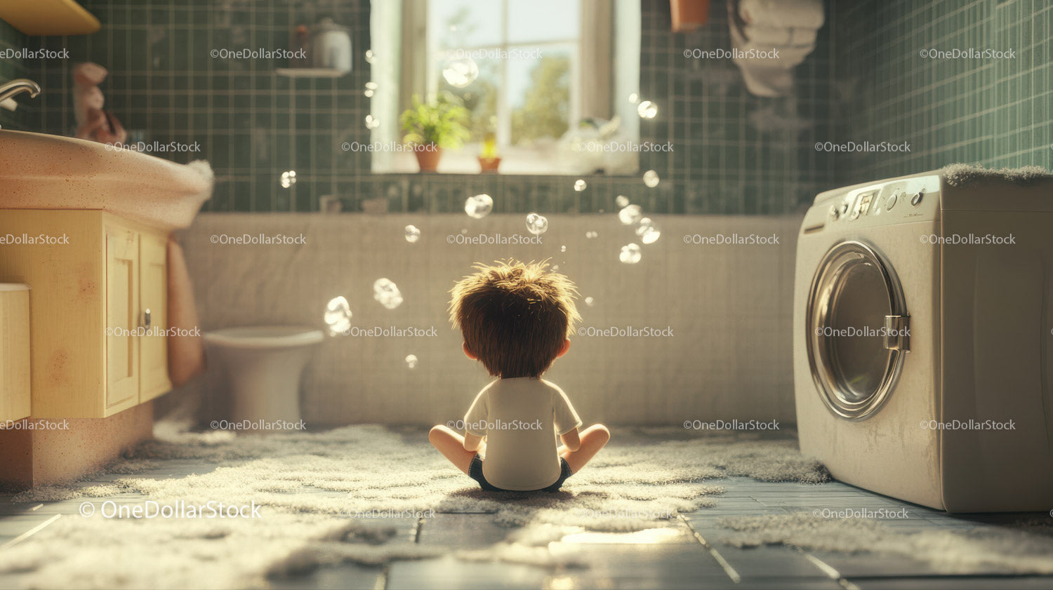 Child Sitting on Bathroom Floor with Bubbles and Sunlight