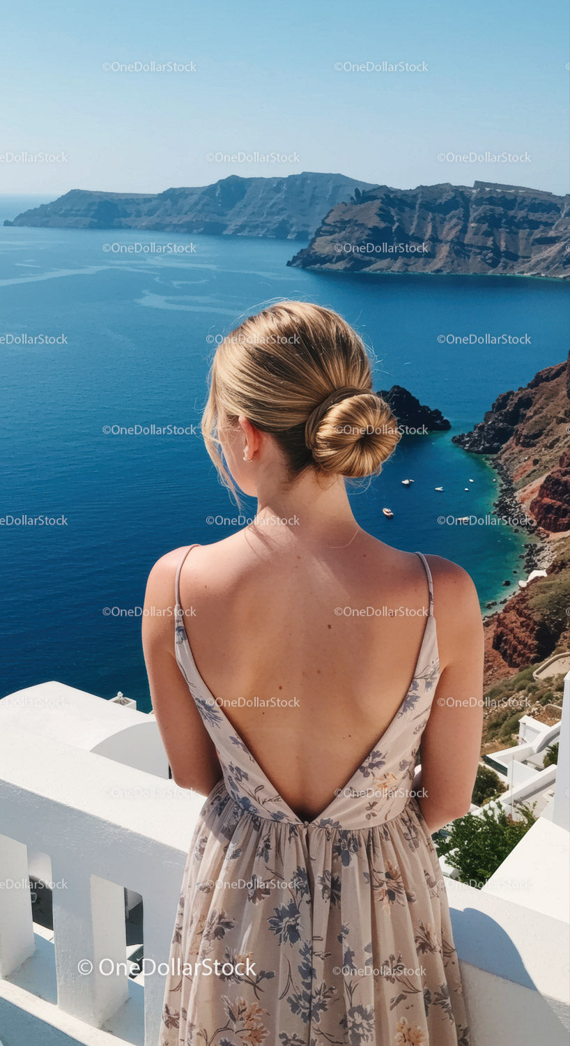 Woman enjoying ocean view on scenic island cliff