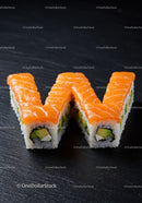 Sushi Rolls Shaped as Letter W with Salmon Topping