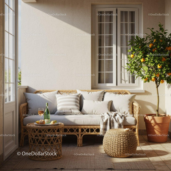 Cozy patio with wicker sofa and orange tree in sunlight