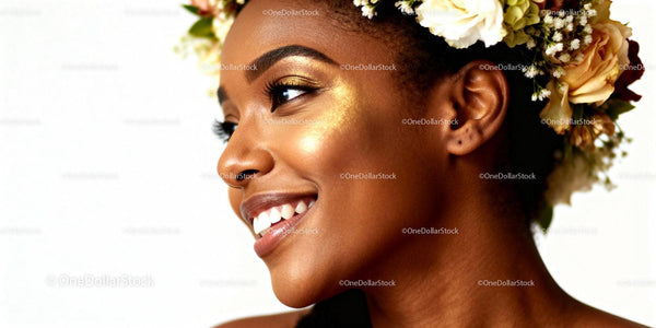 Smiling woman with floral crown and radiant makeup