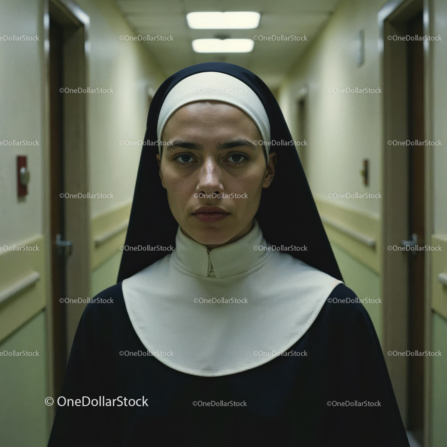 Confident Nurse in Hospital Corridor With Serious Expression