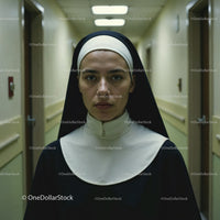 Confident Nurse in Hospital Corridor With Serious Expression