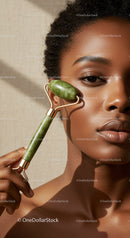 Close-up of Black Woman Using Jade Facial Roller for Skin Care